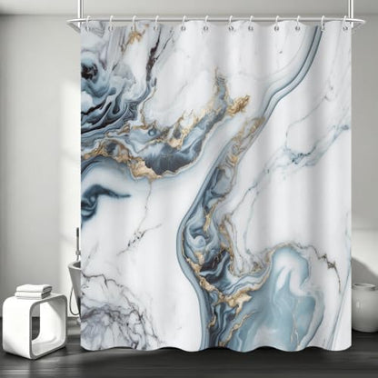 Ocean Blue Marble Shower Curtain Modern Abstract Luxury Gold Ink Texture Gray Ombre Watercolor Bathroom Curtain Set with Hooks Soft and Lightweight Waterproof Fabric Machine Washable 48"Wx72"L