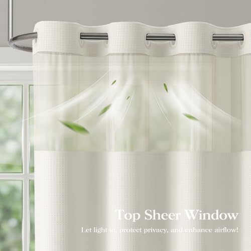 Dynamene Ivory Hook Free Waffle Shower Curtain & Snap-in Fabric Liner,72x99