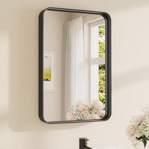 TETOTE 16 x 24 Inch Black Frame Mirror, Bathroom Vanity Mirror for Wall, Modern Round Corner Rectangle Matte Framed Mirror 2 Inch Thick(Horizontal/Vertical)