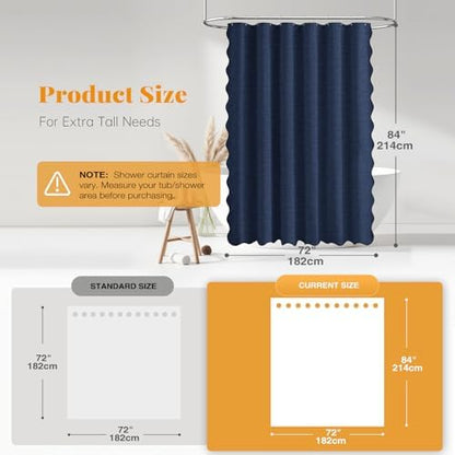 BTTN Boho Scalloped Linen Textured Cloth Shower Curtain, 72x84, Navy Blue