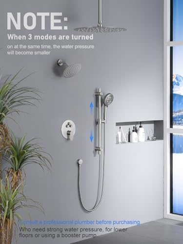 Woindo Shower Faucet Set with Slide Bar, 12" Rain Shower Head/8'' Side Shower Head and 10 Setting Handheld Ceiling Mount 3 Push Button Diverter Complete Rainfall Shower System Included Valve Trim Kit