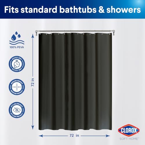 Clorox Shower Curtain Liner, Premium Medium Weight Flexible Waterproof 6g PEVA for Bathroom with Weighted Magnets, Standard Size 72" x 72", Black 1 Pack