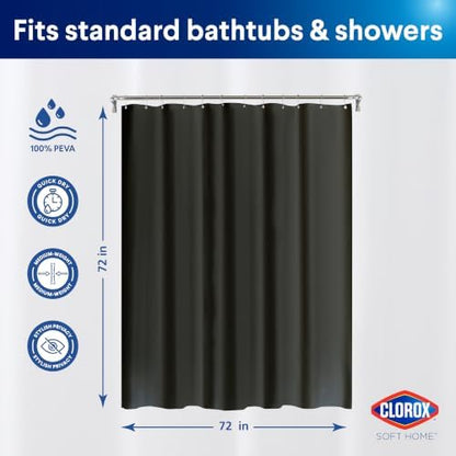 Clorox Shower Curtain Liner, Premium Medium Weight Flexible Waterproof 6g PEVA for Bathroom with Weighted Magnets, Standard Size 72" x 72", Black 1 Pack