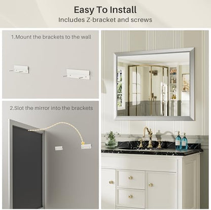 Briivue Bathroom Wall Mirror, Silver Brushed Nickel Metal Frame, 60x36 Inch