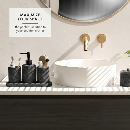 Clara Clark Bathroom Set - Coal Black Bathroom Accessories Set, 5PC Bathroom Accessory Set, Bathroom Sets with Soap Dispenser, Toothbrush Holder, Tumbler, Cotton Swab Jar & Vanity Tray