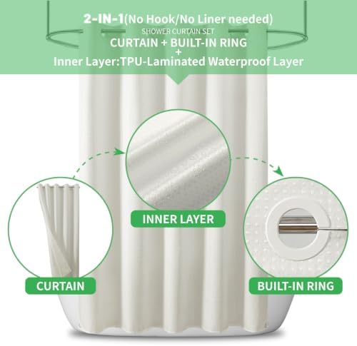 No Hook long Waffle Shower Curtain, No Liner Needed, 71x86 Inch, Cream