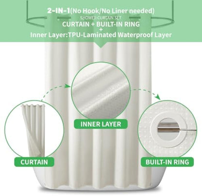 No Hook Waffle Shower Curtain, No Liner Needed Separate, 71x77 Inch, Cream