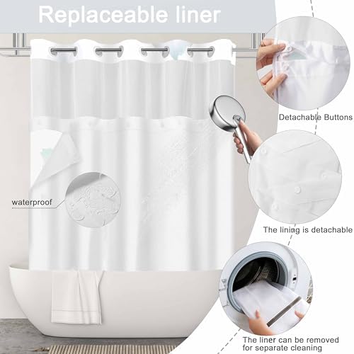 No Hook Shower Curtain and Liner Set, Light Blue Boho Floral 71x77