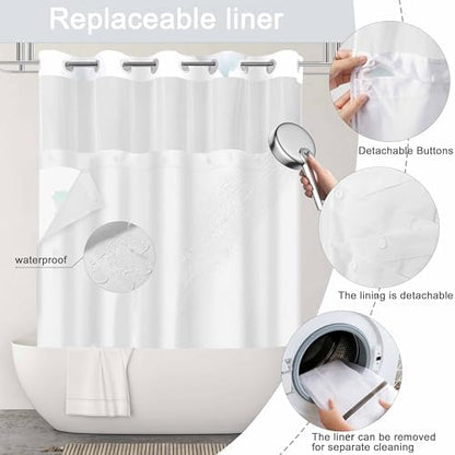 No Hook Shower Curtain and Liner Set, Light Blue Boho Floral 71x77