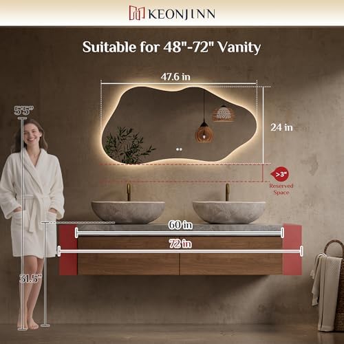 Keonjinn 48 x 24 Inch Asymmetrical Backlit Bathroom Mirror, Tempered Glass