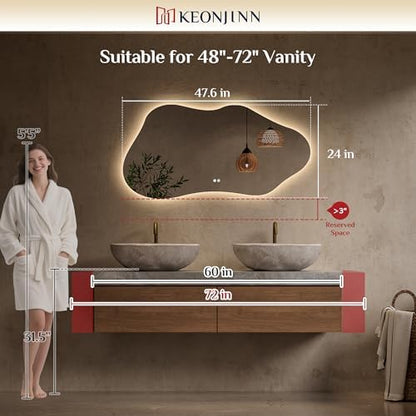 Keonjinn 48 x 24 Inch Asymmetrical Backlit Bathroom Mirror, Tempered Glass