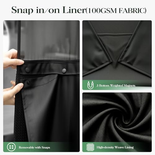 Dynamene Black Hook Free Waffle Shower Curtain & Snap-in Fabric Liner,72x75