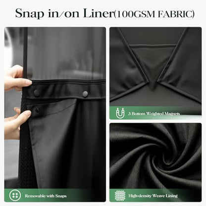 Dynamene Black Hook Free Waffle Shower Curtain & Snap-in Fabric Liner,72x75