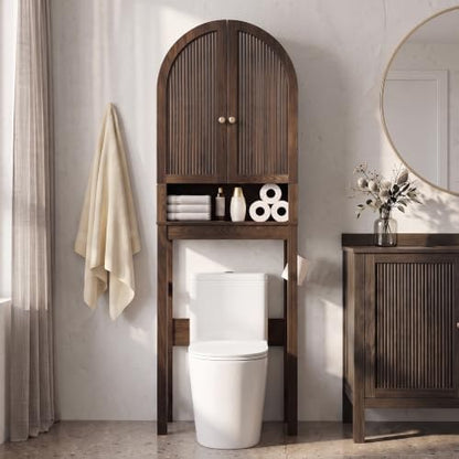 HMstone Over The Toilet Storage Cabinet, Arched Bathroom Organizer and Storage with Doors and Adjustable Shelf, Space-Saving Freestanding Bathroom Modern Storage Cabinet Over Toilet (Walnut)