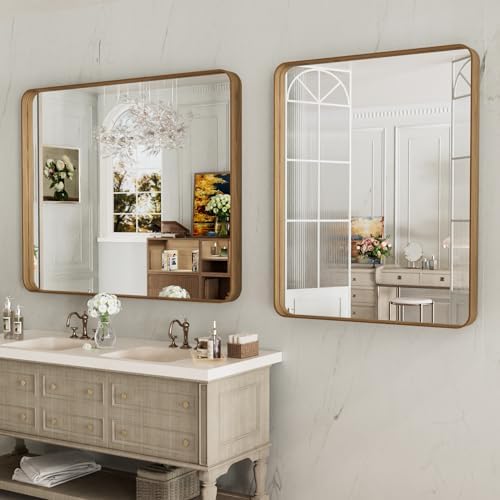 LOAAO 40X30 Inch Bathroom Mirror with Wood Grain Colored Metal Frame