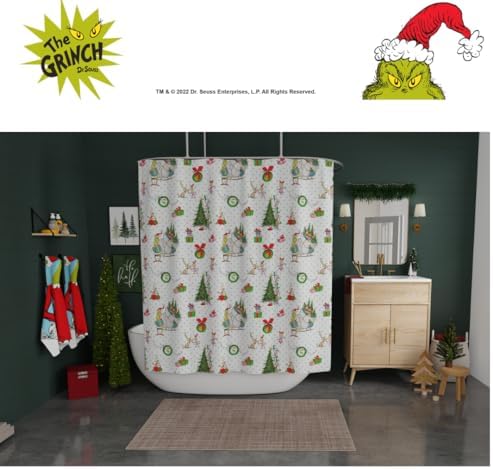 Grinch Wrapping Paper Holiday Christmas 13-Piece Shower Curtain Set, 72 x 72 Inch Fabric Curtain with Hooks, Bathroom Decor, Machine Washable, (100% Officially Licensed Product) by Franco Collectibles