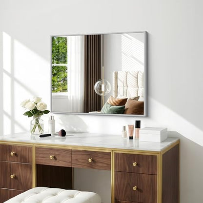 BONEWEI Silver Bathroom Mirror,24x30 inch Wall Mirror for Bathroom Wall Mounted,Rectangle Mirror for Bathroom Over Sink,Modern Metal Frame for Living Room,Bedroom Entryway,Horizontal/Vertical