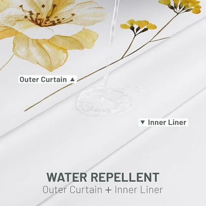 WITHLOC No Hook Floral Shower Curtain with Liner, Yellow Gray, 71x74