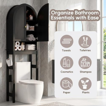 HMstone Over The Toilet Storage Cabinet, Arched Bathroom Organizer and Storage with Doors and Adjustable Shelf, Space-Saving Freestanding Bathroom Modern Storage Cabinet Over Toilet (Black)