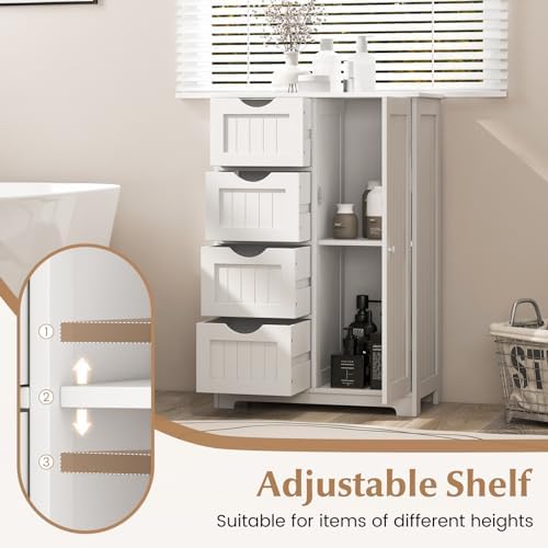 Giantex Bathroom Storage Cabinet with Drawers - 4 Drawer Storage Organizer w/Cupboard, Adjustable Shelf, Anti-Toppling Device, Entryway Storage Unit Console Table, Bathroom Floor Cabinet (White)
