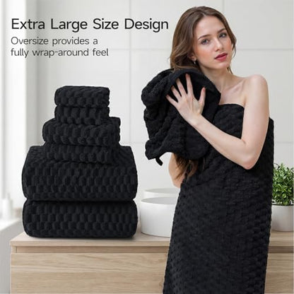 REDKISS Black Microfiber Towels Set of 6-35x70 Inches Oversized Bath Sheets, Extra Large Bath Towels Set of 6 for Adults, Super Soft Quick Dry Lint Free Absorbent Waffle Microfiber Shower Towels