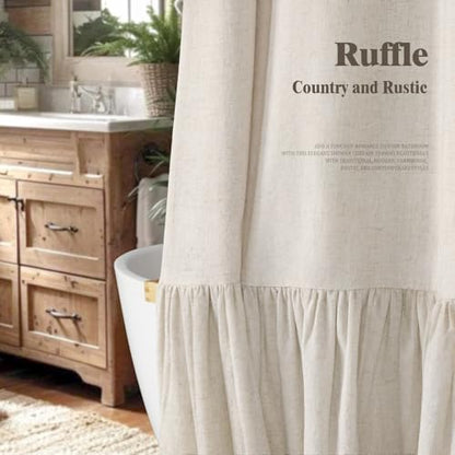 Farmhouse Shower Curtain Ruffle Linen Flax Ivory White 72"W x 72"L