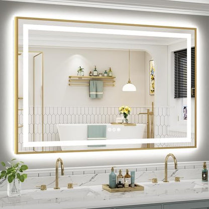 60x40 Inch LED Bathroom Mirror with Gold Frame, Backlit & Front Lit