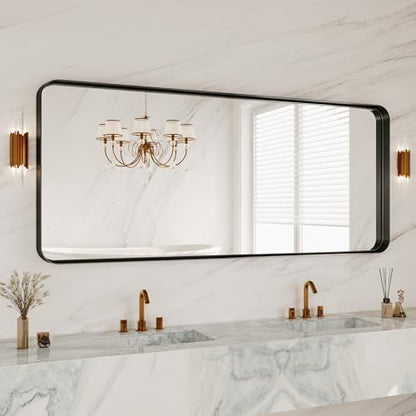 72 x 30 Inch Black Metal Framed Bathroom Mirror for Wall, Matte Framed Rounded Rectangular Modern Mirrors for Over Sink, Anti-Rust, HD Tempered Glass, Farmhouse, Hangs Horizontally or Vertically
