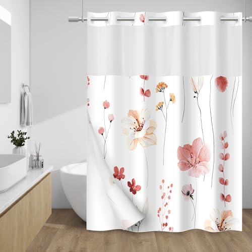 WITHLOC No Hook Floral Shower Curtain with Liner, Coral, 71x74