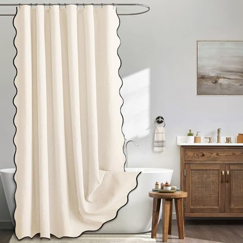 MIULEE 72"x84" Extra Long Scalloped Linen Shower Curtain Cream White