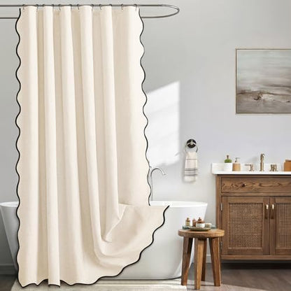 MIULEE 72"x84" Extra Long Scalloped Linen Shower Curtain Cream White