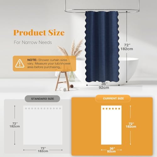 BTTN Stall Boho Scalloped Linen Textured Shower Curtain, 36x72, Navy Blue