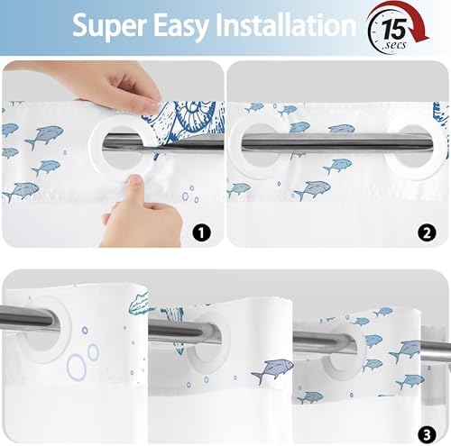 No Hook Shower Curtain and Liner Set for Bathroom, Blue Beach Coastal 71x74