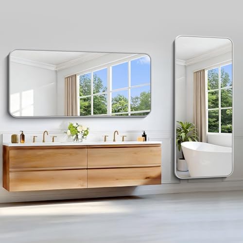 Silver Bathroom Mirror, 72 x 30 Inch Large Rectangle Mirror, Rectangular Vanity Mirror Aluminum Metal Frame, Rounded Corner Wall Mirror for Living Room Bedroom Entryway Horizontal/Vertical