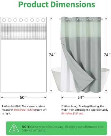 eachope No Hook Fabric Shower Curtain with Snap-in Liner,60x74 Sage Green