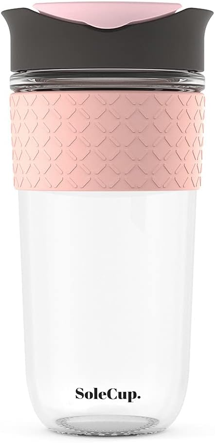 Large Travel Mug - Reusable Glass Coffee Mug - 18oz/530ml BPA-Free Hot Drink Travel Mug with Lid & Silicone Band (Gray and Pink, 18oz)