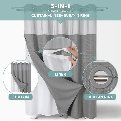 eachope No Hook Waffle Shower Curtain with Snap-in Liner, 71x80 Inch, Grey