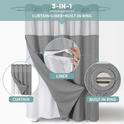 eachope No Hook Waffle Shower Curtain with Snap-in Liner, 71x80 Inch, Grey