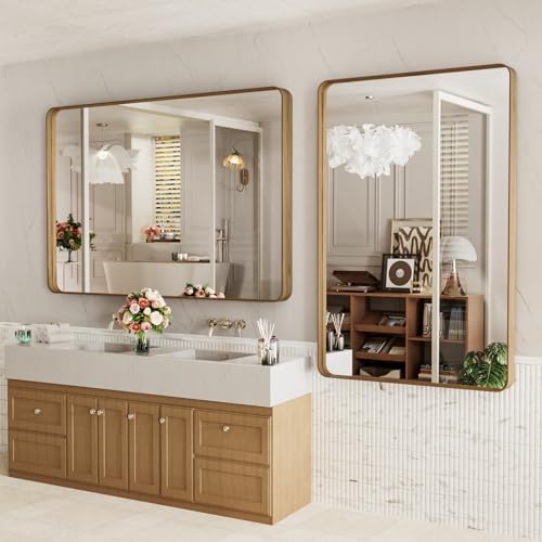 LOAAO 55X30 Inch Bathroom Mirror with Wood Grain Colored Metal Frame