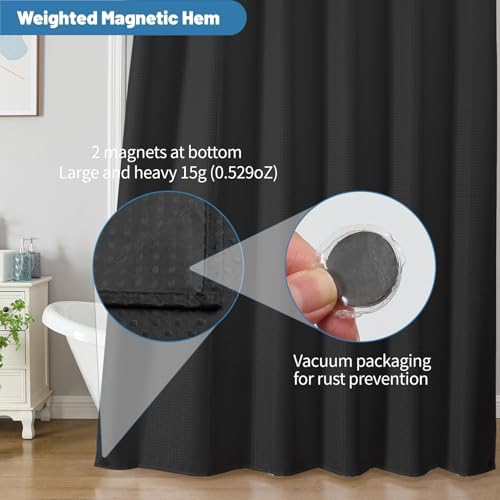 2-in-1 Waterproof Fabric Shower Curtain - No Separate Liner Needed, Hotel-Style Waffle Weave, Effortless Cleaning & Washable Bathroom Shower Curtain Set,72Wx84H,Black