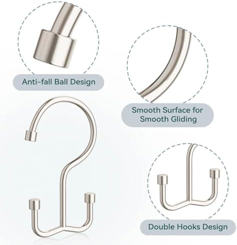 Goowin Shower Curtain Hooks, Shower Curtain Rings, Metal Shower Curtain Hangers Rust Proof, Double Glide Shower Rings for Curtain, Simple Shower Hooks for Shower Curtain, Nickel, 12 Pack-Cylinders