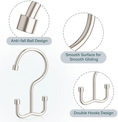 Goowin Shower Curtain Hooks, Shower Curtain Rings, Metal Shower Curtain Hangers Rust Proof, Double Glide Shower Rings for Curtain, Simple Shower Hooks for Shower Curtain, Nickel, 12 Pack-Cylinders