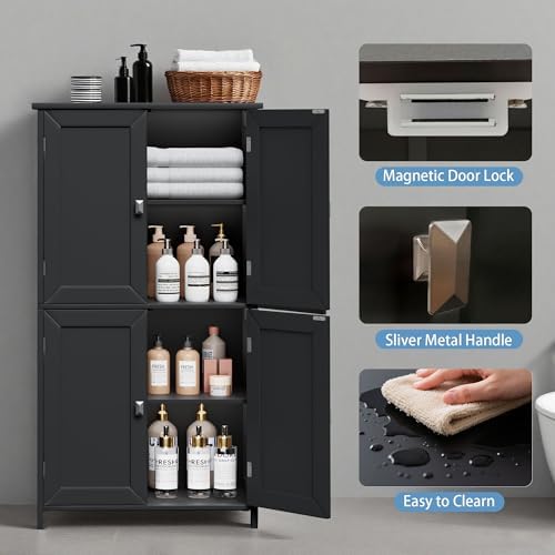 Bathroom Cabinet with Adjustable Shelf Freestanding Storage Cabinet with 2 Doors Wooden Organizer Floor for Bathroom Kitchen and Living Room (Black, 4 Doors)