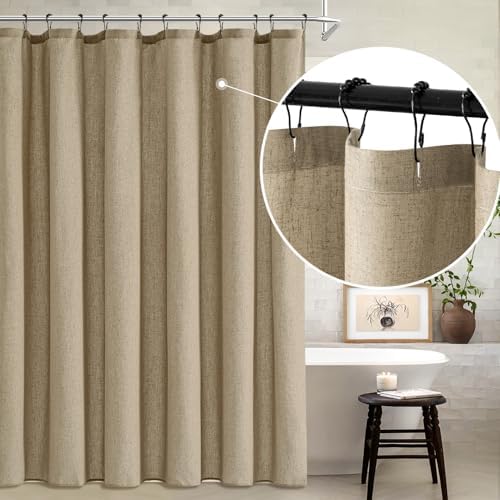 MIULEE W72*L96 Extra Long Linen Shower Curtain Khaki 12 Metal Hooks