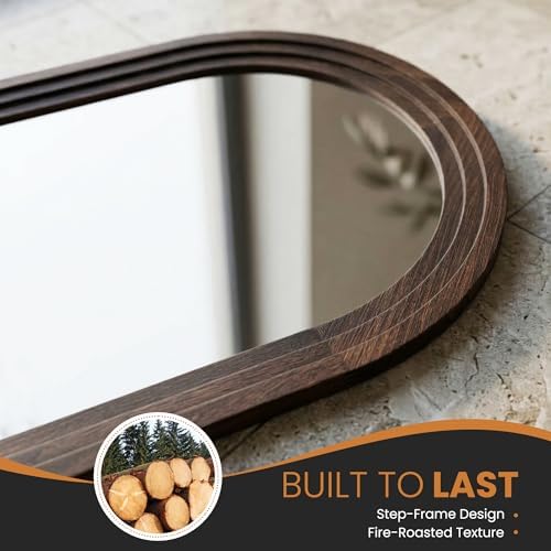 Arched Bathroom Mirror, 36"x24" Brown Wood Frame Wall Mirror