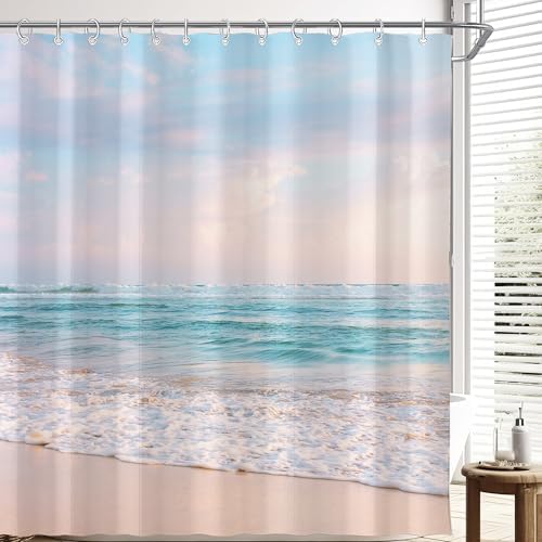 Ocean Beach Coastal Seaside Shower Curtain for Bathroom 72W*72H Inch Nautical Summer Seacoast Beachy Waves Bathtub Decor Seascape Neutral Waterproof Polyester Fabric Set with 12 Hooks