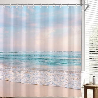 Ocean Beach Coastal Seaside Shower Curtain for Bathroom 72W*72H Inch Nautical Summer Seacoast Beachy Waves Bathtub Decor Seascape Neutral Waterproof Polyester Fabric Set with 12 Hooks