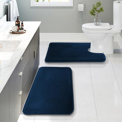 Clara Clark 2 Piece Bathroom Rugs, Velvet Memory Foam Bath Mat Set, Non-Slip Bath Rugs, Machine Wash, Dries Quickly, Ultra Soft Plush Bath Mats for Bathroom, 17 x 24 + Contour, Blue