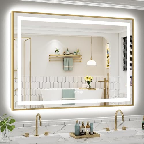 55x40 Inch LED Bathroom Mirror with Gold Frame, Backlit & Front Lit