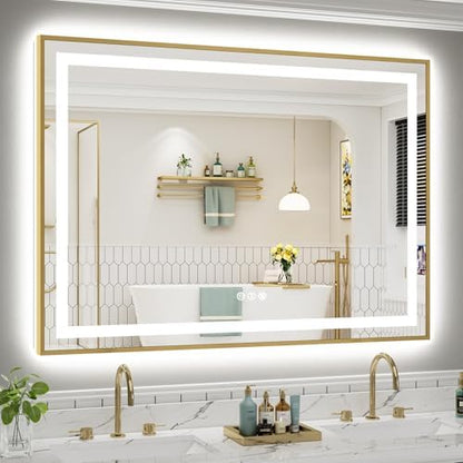55x40 Inch LED Bathroom Mirror with Gold Frame, Backlit & Front Lit